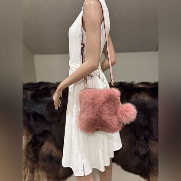 Dusty Rose Premium Real Fox Fur Wristlet/Phone Pouch/Crossbody & Fur Ball Charm - Picture 6 of 14
